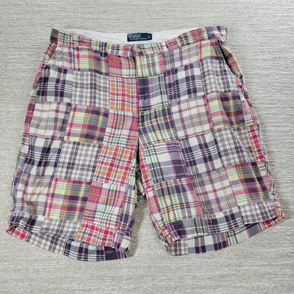 VTG Polo Ralph Lauren Patchwork Shorts Mens 36 Red Blue Plaid Madras Preppy